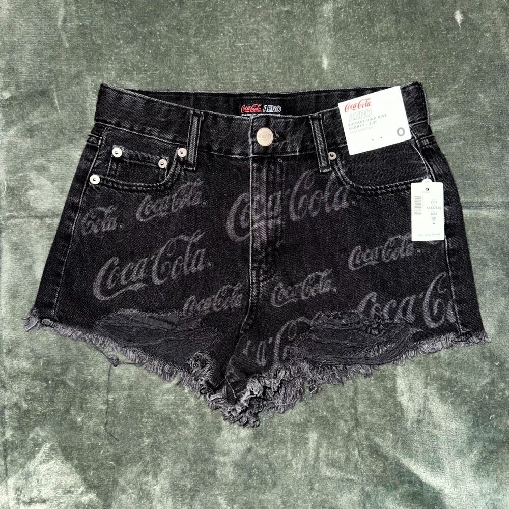 Coca-Cola Aero Vintage High Rise Shorty Shorts Women's 0 Black Logo Frayed Hem